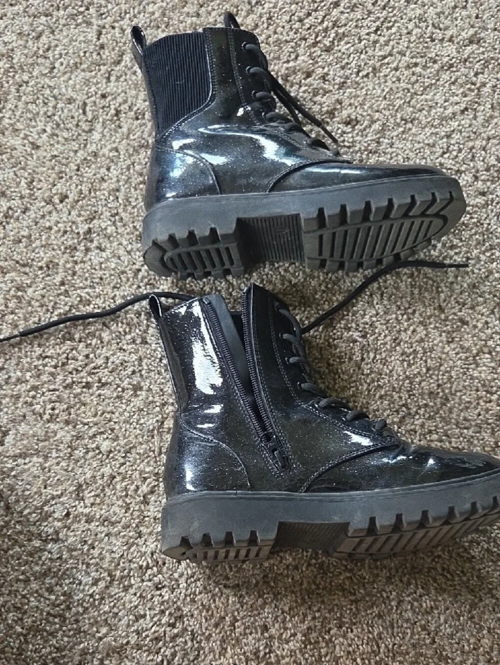 Black Patent Lace-Up Combat Boots - Kids